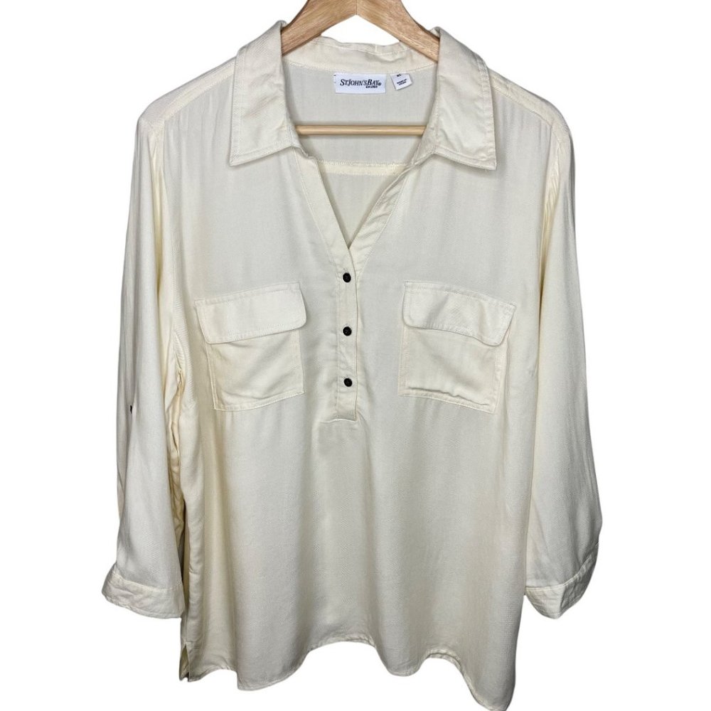 St. John’s Bay Cream Collared Double Pocket Henley Top 100% Rayon Size XL